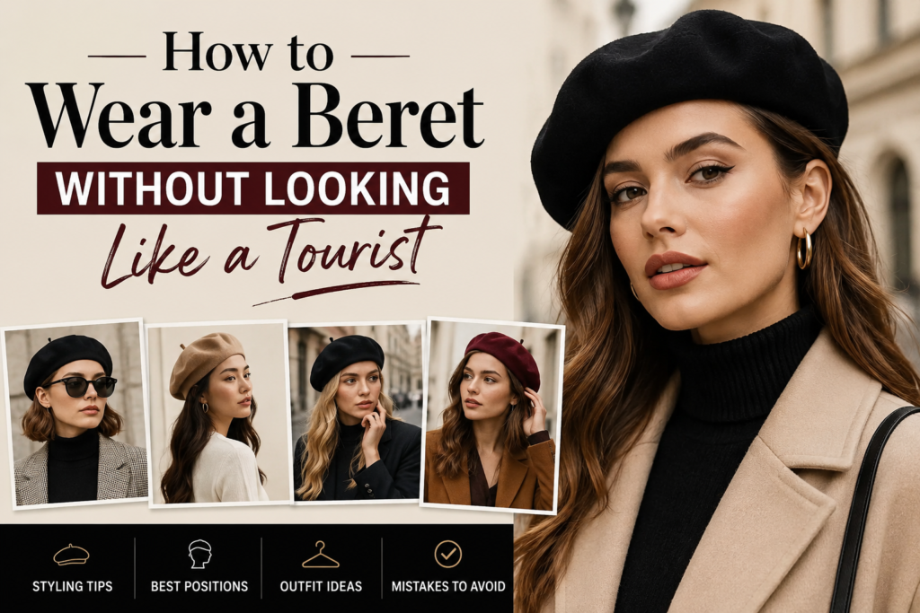 Fashionable woman wearing a black beret and beige coat in a city setting, with examples of different beret styles and outfit combinations, illustrating how to wear a beret stylishly without looking like a tourist.