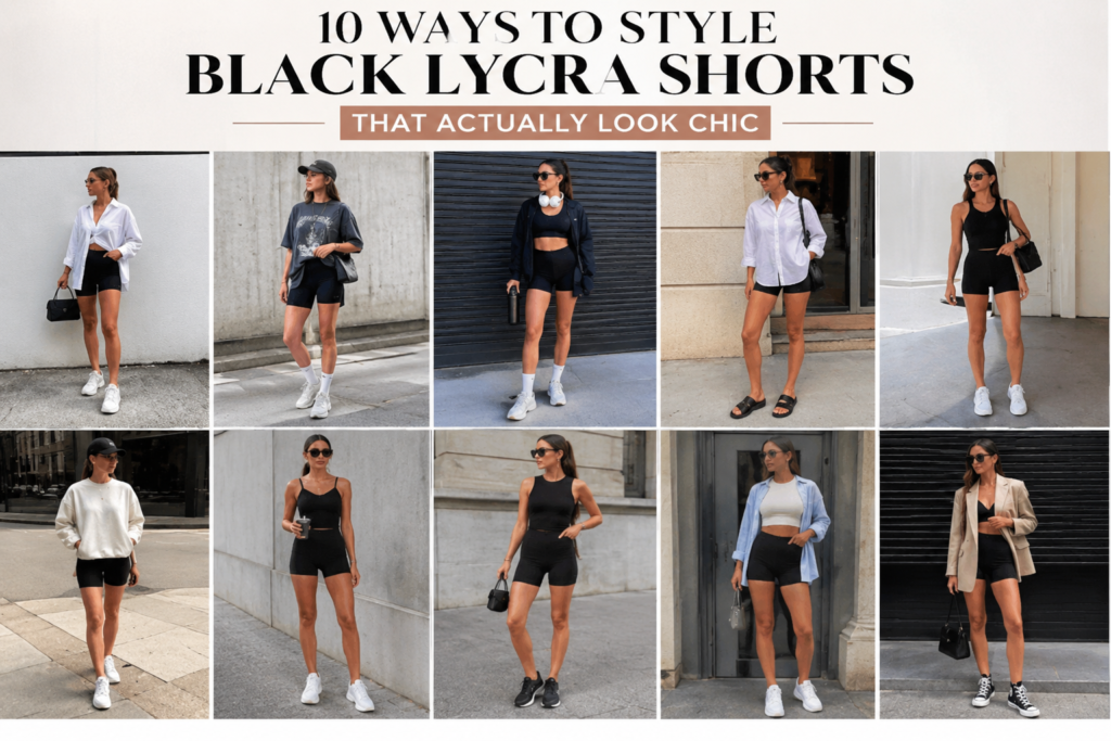 Woman wearing black Lycra shorts styled in 10 chic outfit ideas, featuring casual, athleisure, and smart-casual looks with trendy tops, sneakers, and accessories.