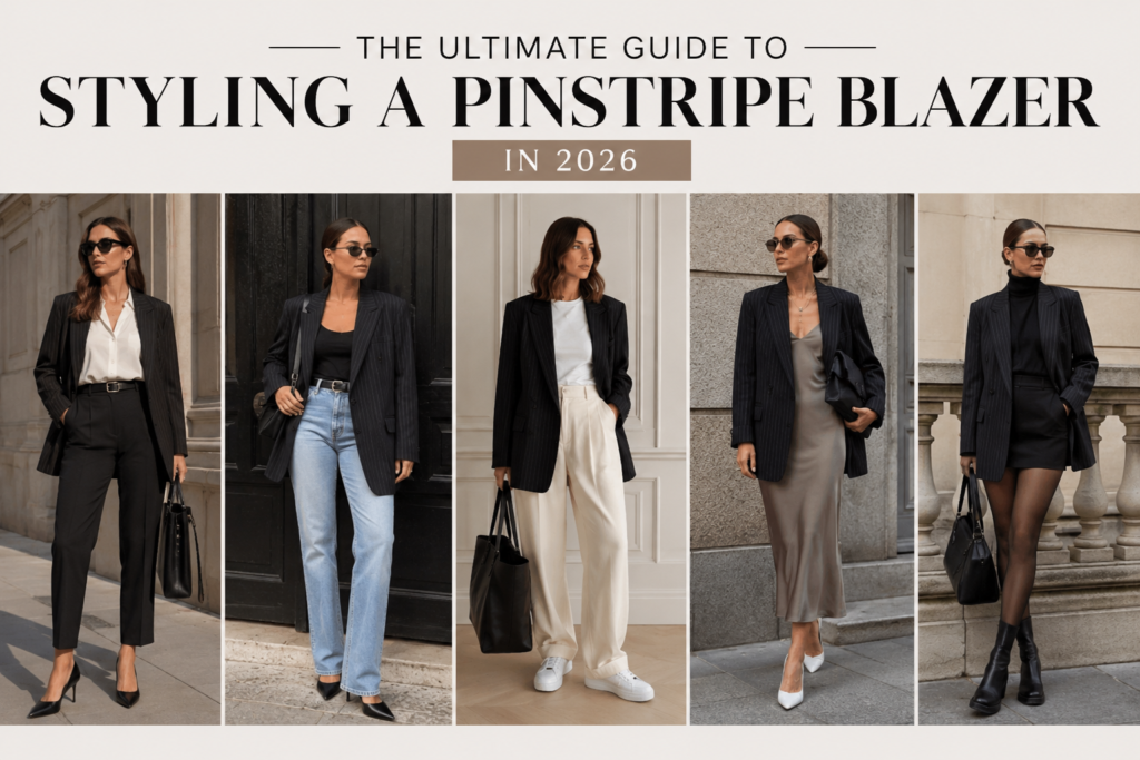 Women wearing pinstripe blazers styled with tailored trousers, jeans, dresses, and skirts, showcasing modern outfit ideas for work, business casual, and everyday fashion in 2026.