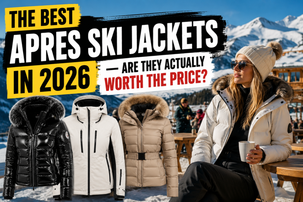 Woman wearing a stylish white après-ski jacket at a snowy mountain resort with luxury winter jackets displayed, illustrating the best après-ski jackets to buy in 2026.