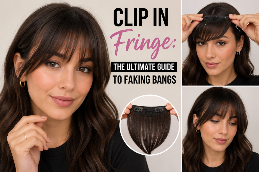 Woman wearing a natural-looking clip-in fringe with soft bangs, demonstrating how clip-in bangs blend seamlessly with long hair for an easy, no-commitment hairstyle transformation.