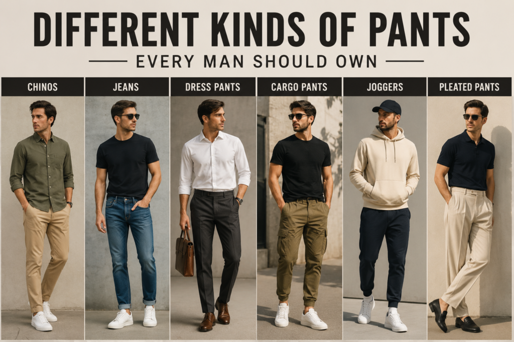 Collection of men's pants styles including chinos, jeans, dress pants, cargo pants, joggers, and pleated trousers, showcasing versatile wardrobe essentials for casual, business, and smart-casual outfits.