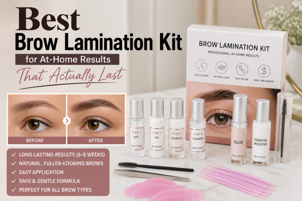 At-home brow lamination kit with lifting solutions, applicators, spoolie brush, and before-and-after brows, demonstrating long-lasting salon-style brow lamination results at home.