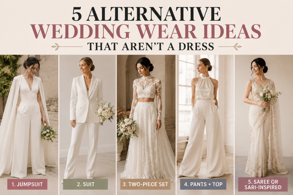 Five stylish alternative wedding wear ideas featuring a bridal jumpsuit, tailored suit, two-piece bridal set, elegant pants with a top, and a modern saree-inspired outfit for brides who don't want a traditional wedding dress.