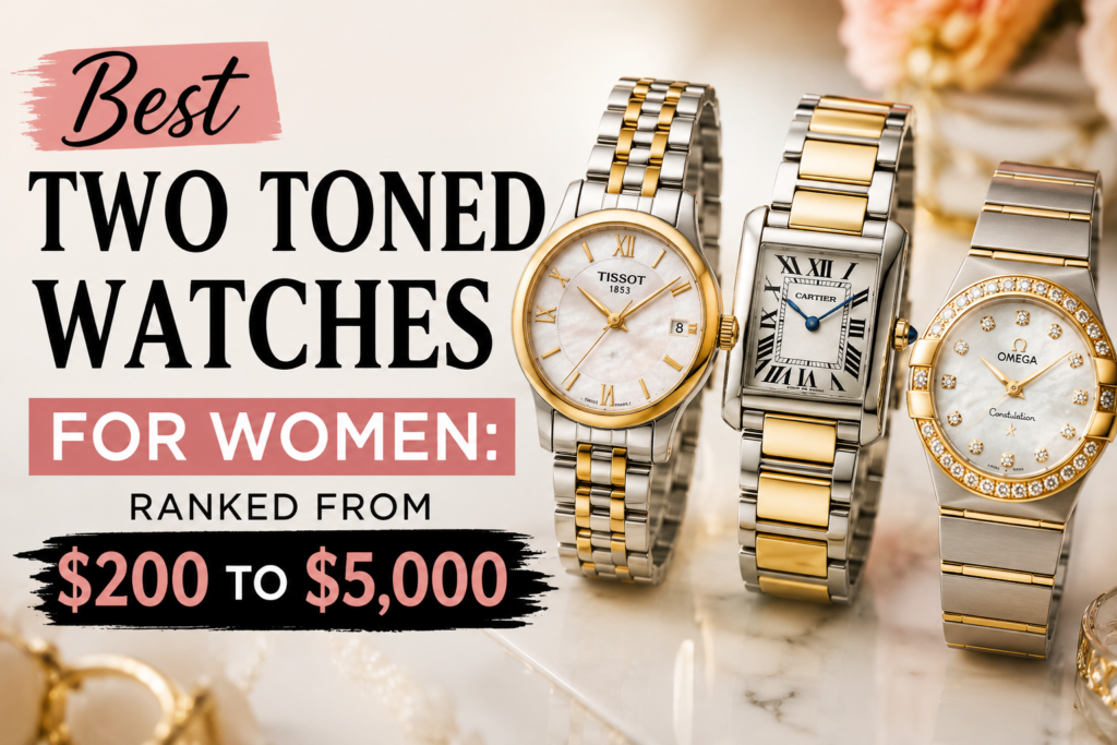Luxury two-toned watches for women featuring silver and gold finishes, showcasing elegant round and rectangular designs in a comparison of the best women's watches priced from $200 to $5,000.