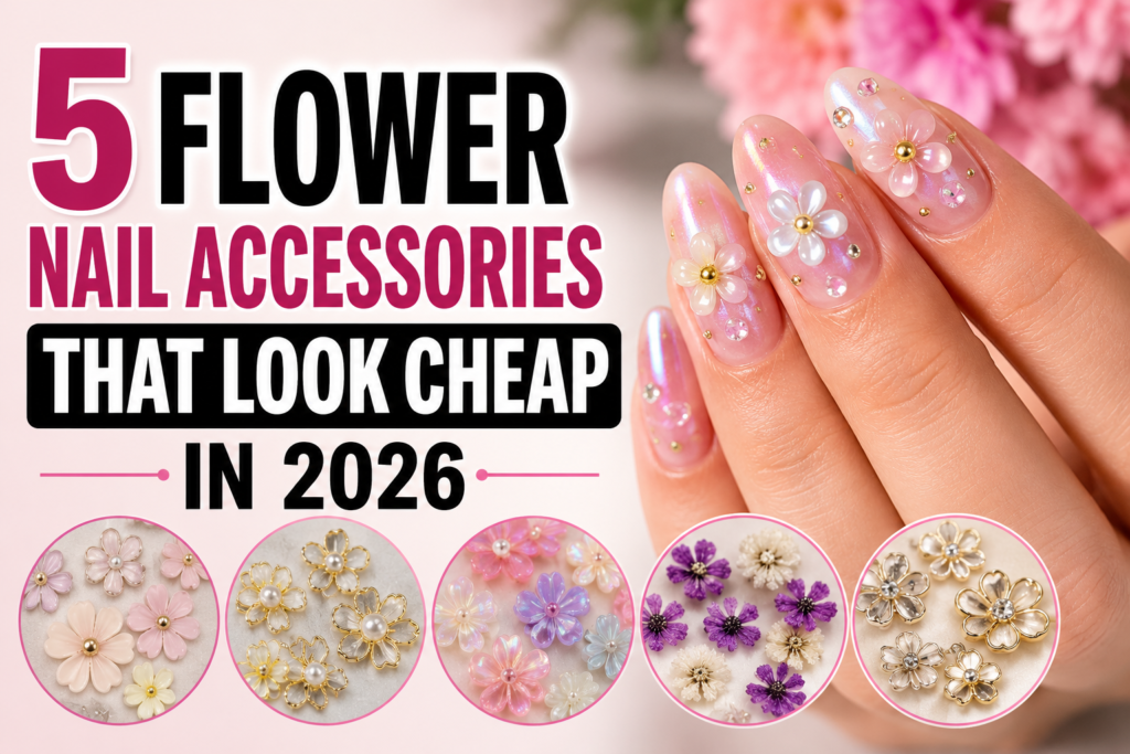 Close-up of glossy pink manicure featuring 3D flower nail accessories, pearls, rhinestones, and floral nail charms alongside popular flower embellishments that can look cheap if styled incorrectly in 2026.