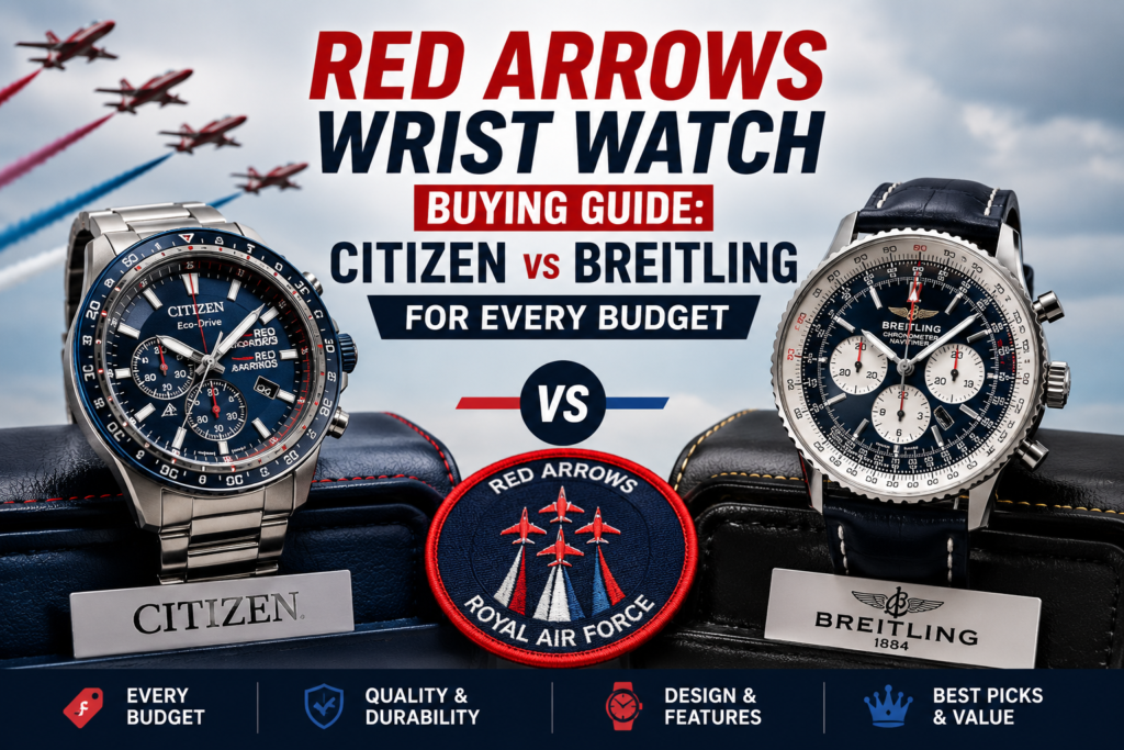 Citizen and Breitling Red Arrows wrist watches displayed side by side in a buying guide comparison, highlighting aviation-inspired designs, premium craftsmanship, and the best watch options for every budget.