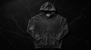 satoshi nakamoto clothing dark washed oversized hoodie flat lay showing distressing detail