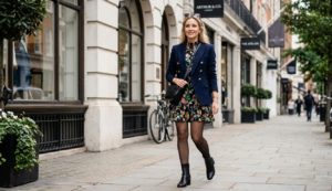 styled floral mini dress outfit with tailored blazer and ankle boots fashion editorial