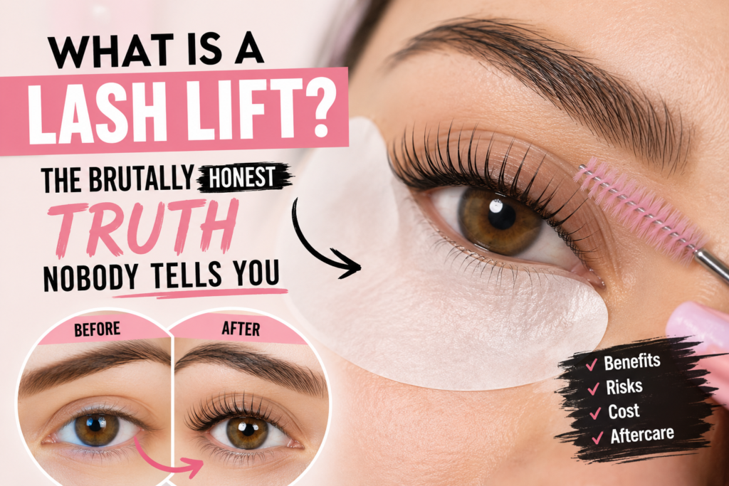 Close-up of a woman with naturally lifted eyelashes after a lash lift treatment, highlighting curled lashes, healthy brows, and a salon-quality beauty result for a guide explaining what a lash lift is.