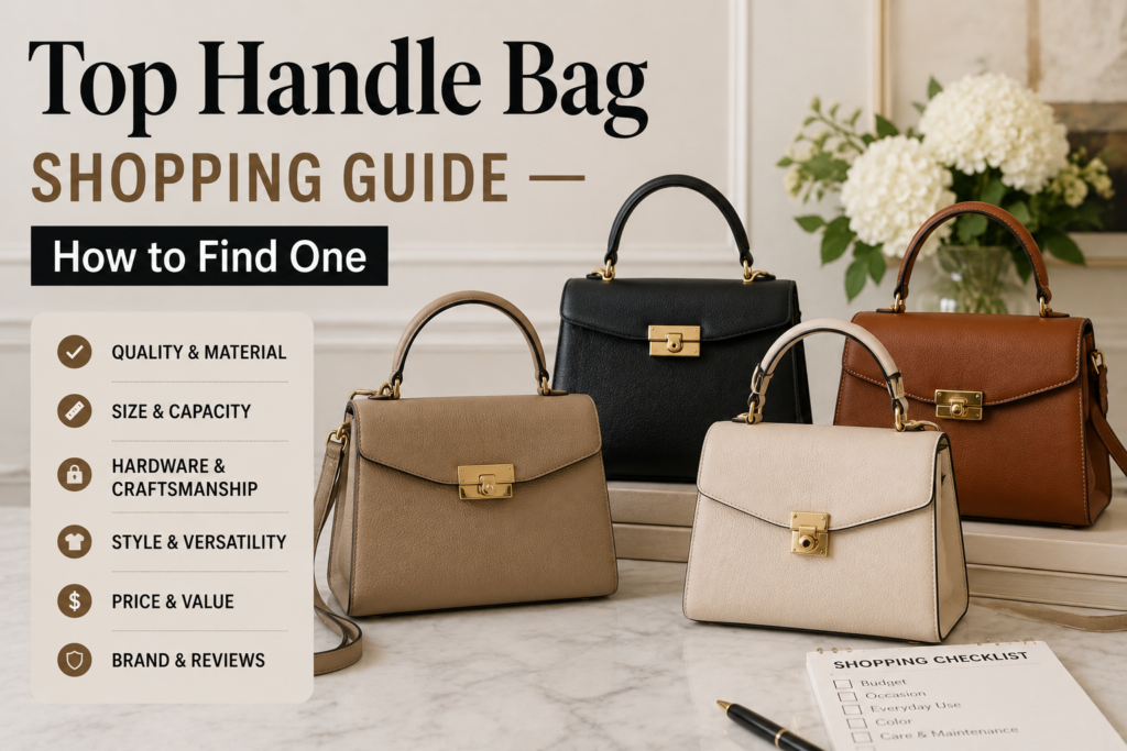 Elegant leather top handle handbags in black, brown, beige, and cream displayed together, highlighting classic structured bag styles for choosing the perfect everyday or occasion handbag.