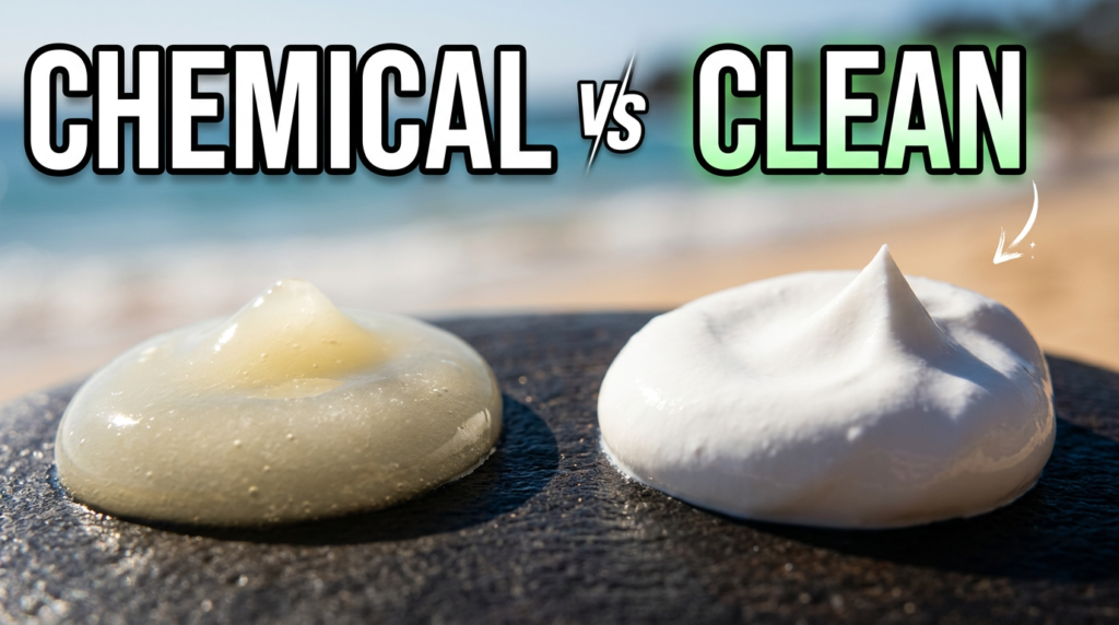 Collection of clean sunscreen products alongside mineral and chemical sunscreen labels, highlighting ingredient transparency and tips for choosing a safe, skin-friendly sunscreen.