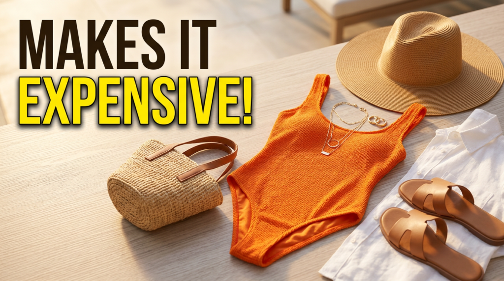 Woman wearing an orange bathing suit styled with elegant beach accessories to create a luxurious, expensive-looking summer outfit.