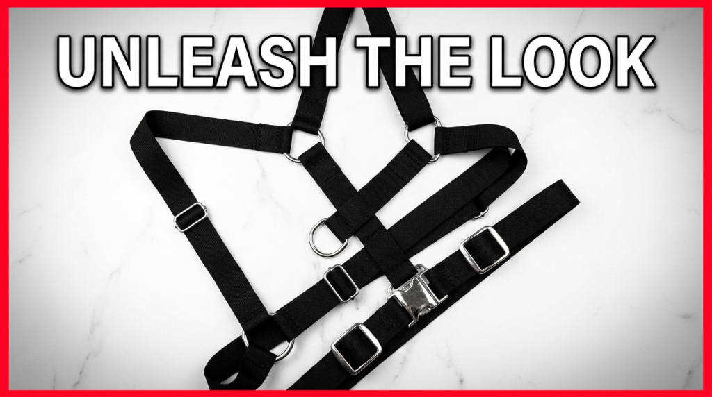 bondage lingerie harness with adjustable buckles and strap detail flat lay