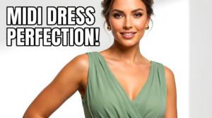 styled green wedding guest outfit with nude heels and neutral clutch bag 