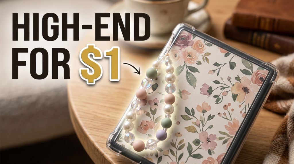 Decorated Kindle with stylish charm accessories, beads, and personalized accents, showcasing high-end Kindle charm ideas that cost under $10.