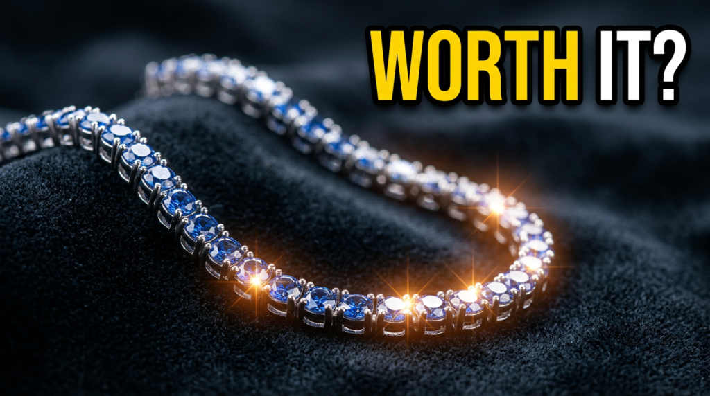 Close-up of a Dorsey tennis necklace styled with a minimalist outfit, highlighting its sparkle, craftsmanship, and elegant design in a detailed value-for-money review.