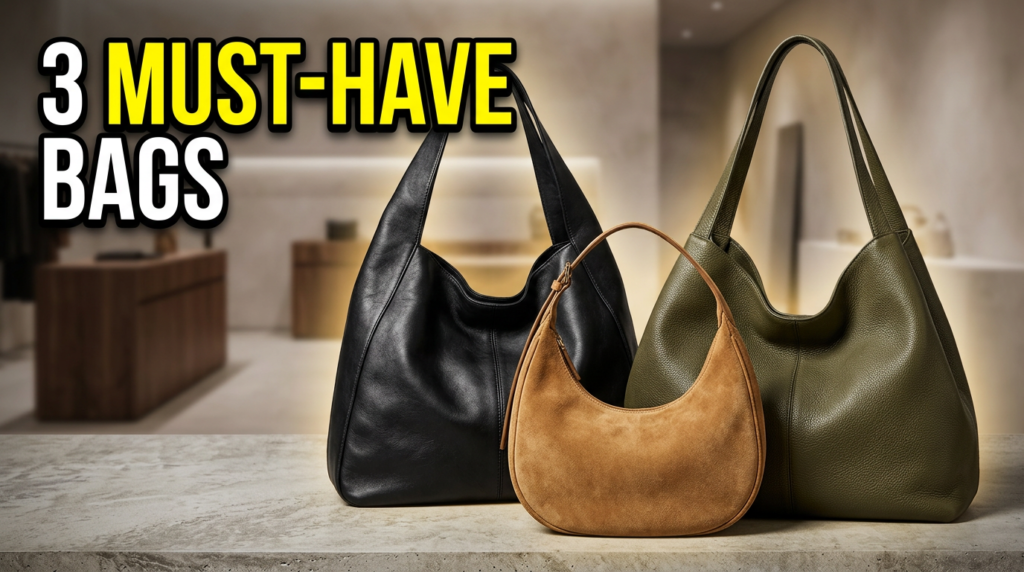 Fashion slouchy shoulder bags in different styles and colors, trendy soft-structured handbags displayed as modern street style accessories