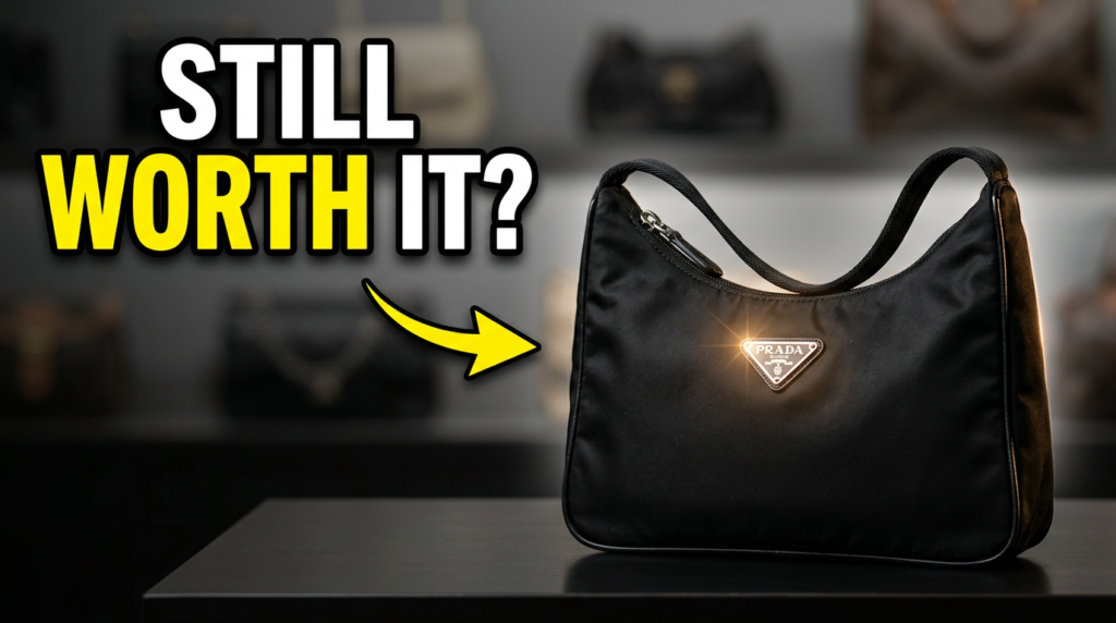 Collection of vintage Prada handbags displayed on a luxury fashion backdrop, showcasing classic old Prada bag styles and designs while evaluating whether old Prada handbags are still worth the hype in 2026.