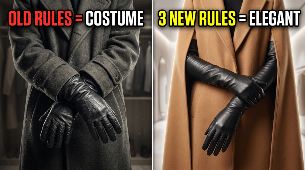 Close-up of modern long leather gloves styled with contemporary outfits, showcasing three key styling rules often overlooked.