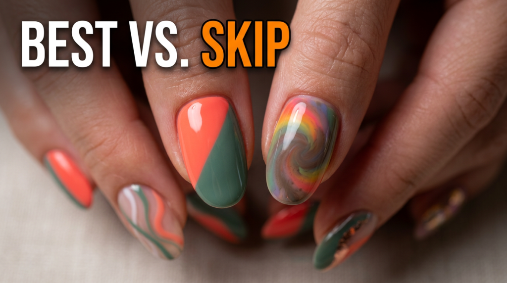 Nail Design Abstract: 9 Looks Ranked from Best to Skip – close-up of hands featuring various abstract nail designs with geometric patterns, swirls, and mixed-color accents on different nail shapes