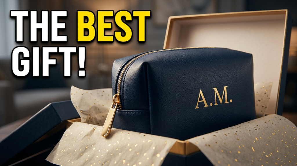 Personalised cosmetic bag with a custom name or monogram, filled with beauty essentials and styled as a thoughtful gift for a special occasion.