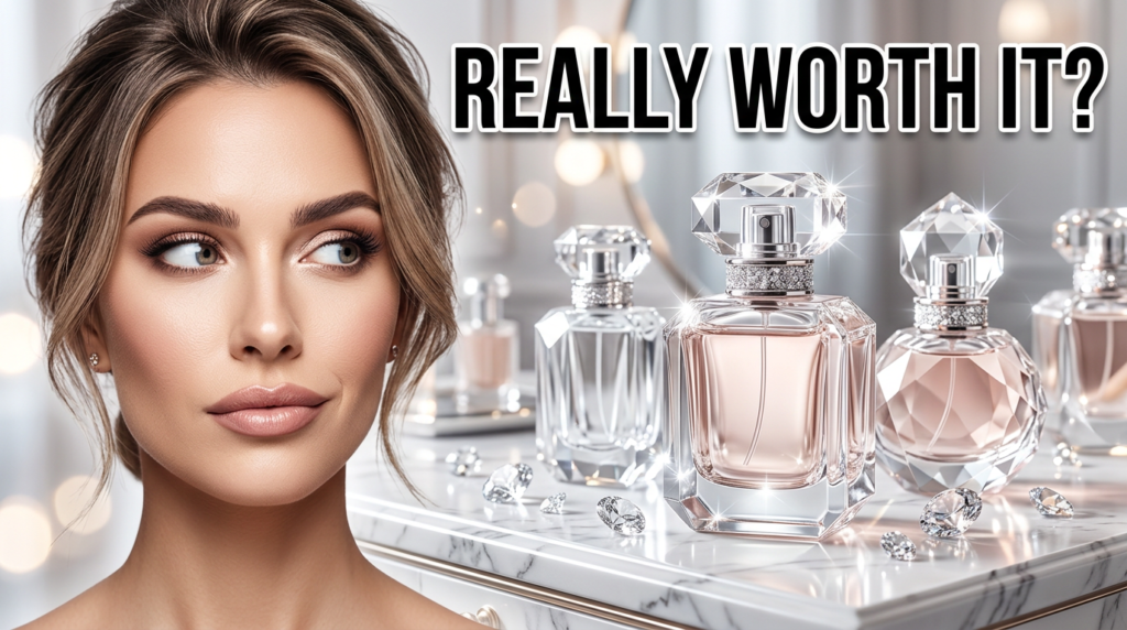 Luxury crystal-inspired perfume bottles arranged on a marble surface with sparkling gemstones in a premium editorial setting, representing a Swarovski fragrance review and luxury perfume buying guide.