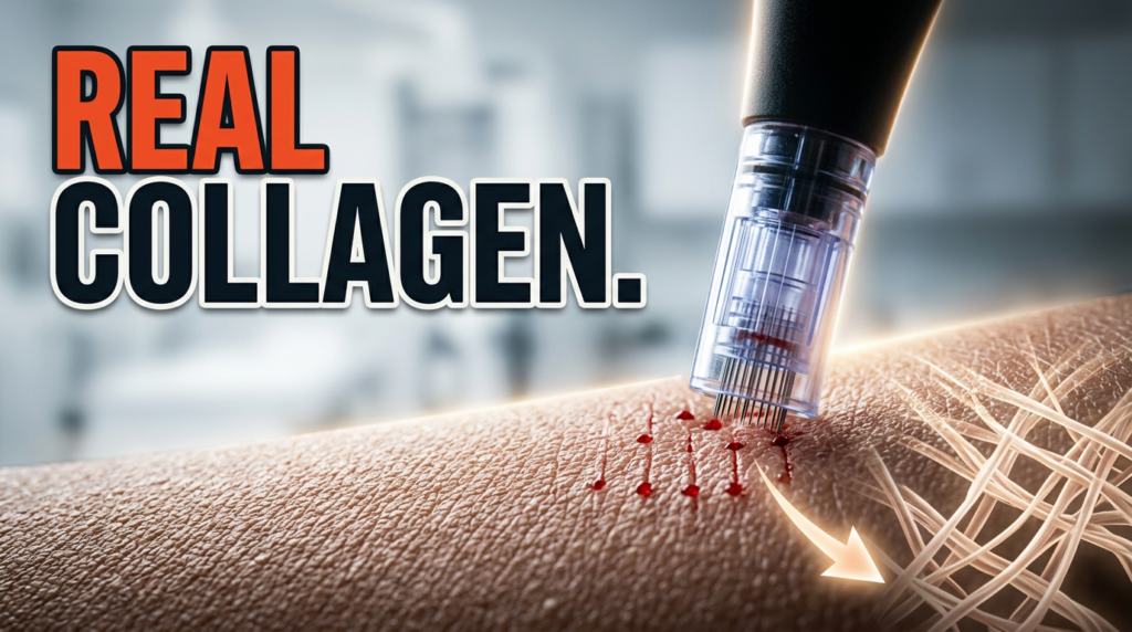 Is Microneedling Worth It? The Science Most Guides Skip – close-up of a microneedling treatment session showing a derma pen on facial skin with a clinical skincare setting
