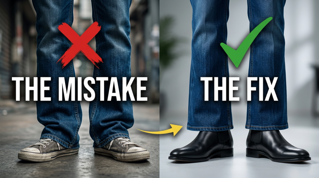 Men’s flare jeans styled with modern casual pieces, highlighting three key rules that determine whether the look works.