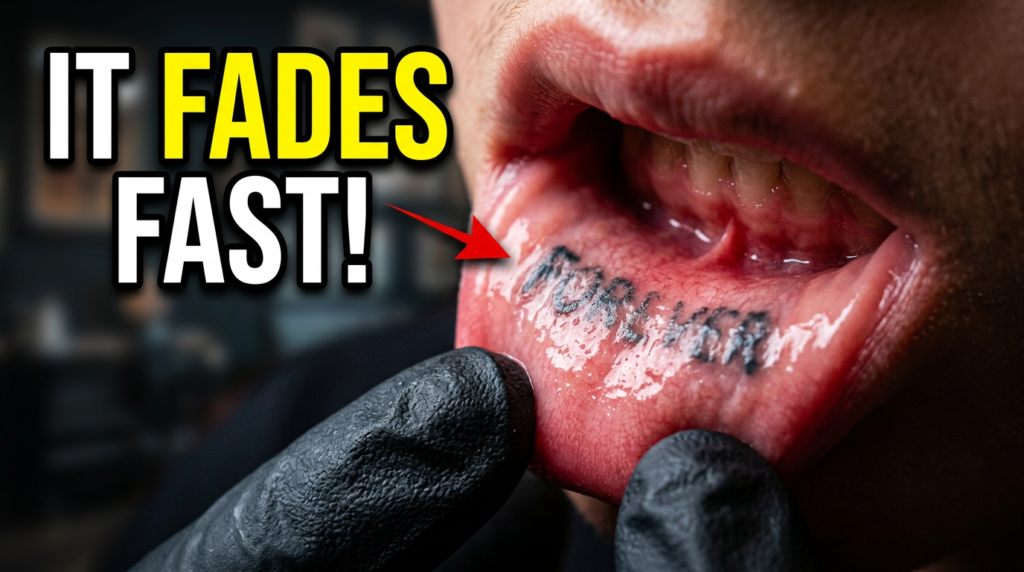 Inner Lip Tattoo: 7 Things Artists Won't Tell You First – close-up of a person showing a fresh inner lip tattoo with subtle lettering and natural lighting