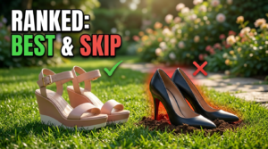 espadrille wedge sandals on grass versus stiletto heel sinking into soft turf