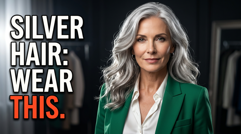 Fashion style guide showing silver hair with colorful dyed hair combinations, trendy hairstyle inspiration with outfit matching ideas for modern beauty looks