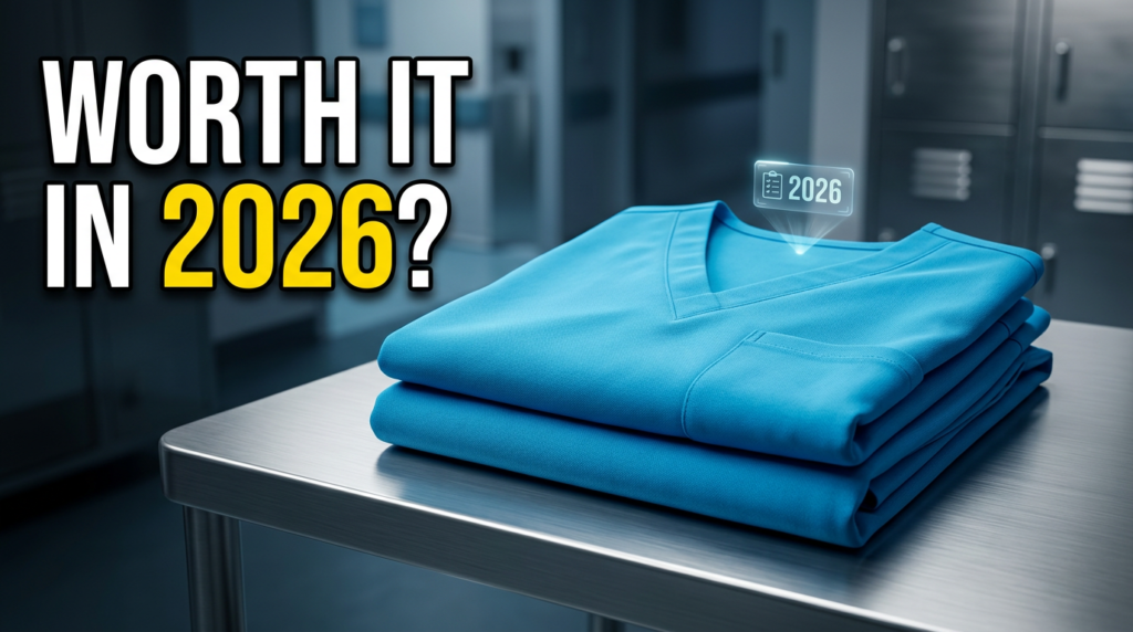 Caribbean blue scrubs set in a modern medical uniform style, highlighting comfort, durability, and professional appearance for healthcare workers in 2026.