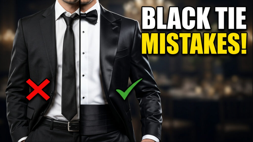 Man and woman at a black-tie event wearing inappropriate outfits compared with proper formal attire, highlighting common black-tie dress code mistakes and what not to wear to a black tie event.