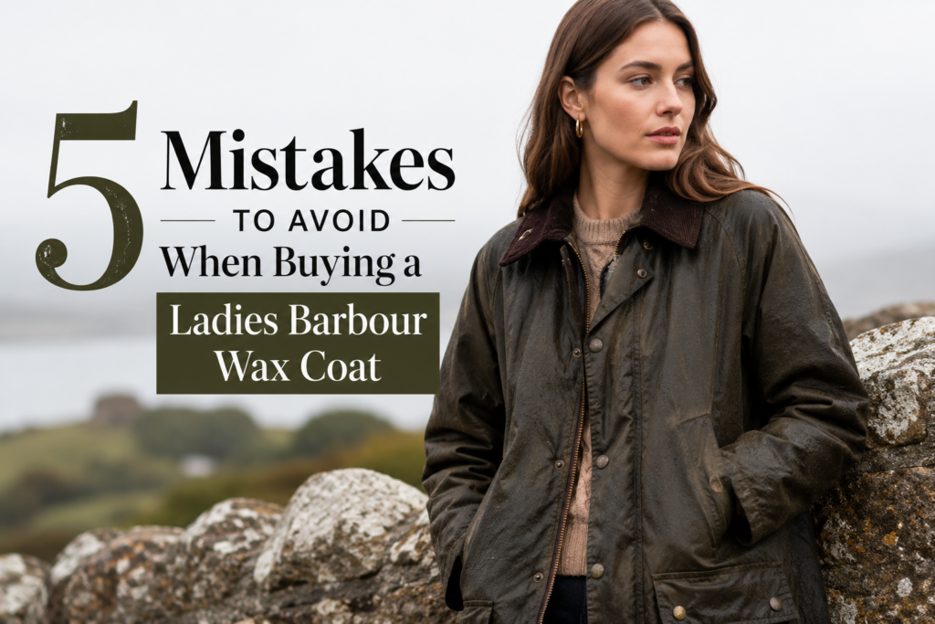 Editorial-style feature image of a woman wearing an olive green Barbour-style wax coat in a countryside setting, with the headline "5 Mistakes to Avoid When Buying a Ladies Barbour Wax Coat."
