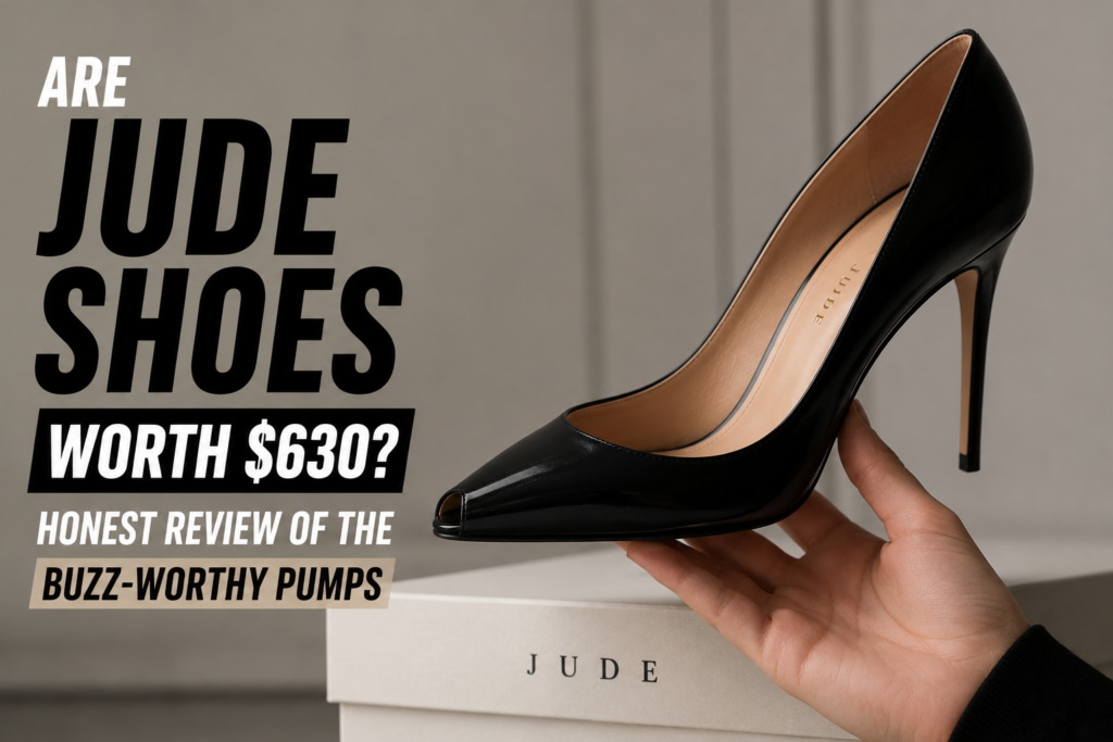 Black Jude high-heel pump displayed on a shoe box with text asking whether the $630 designer shoes are worth the price.