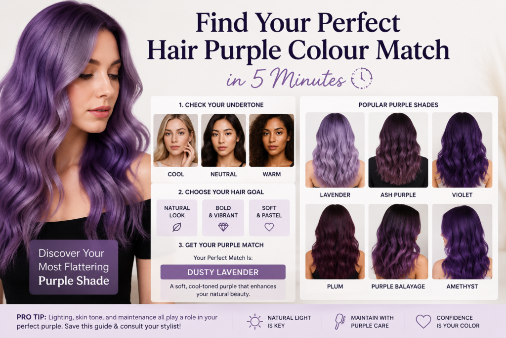 Woman with vibrant purple hair beside a visual guide comparing popular purple hair colour shades, helping readers choose the best purple hue based on skin tone, style preference, and desired look.