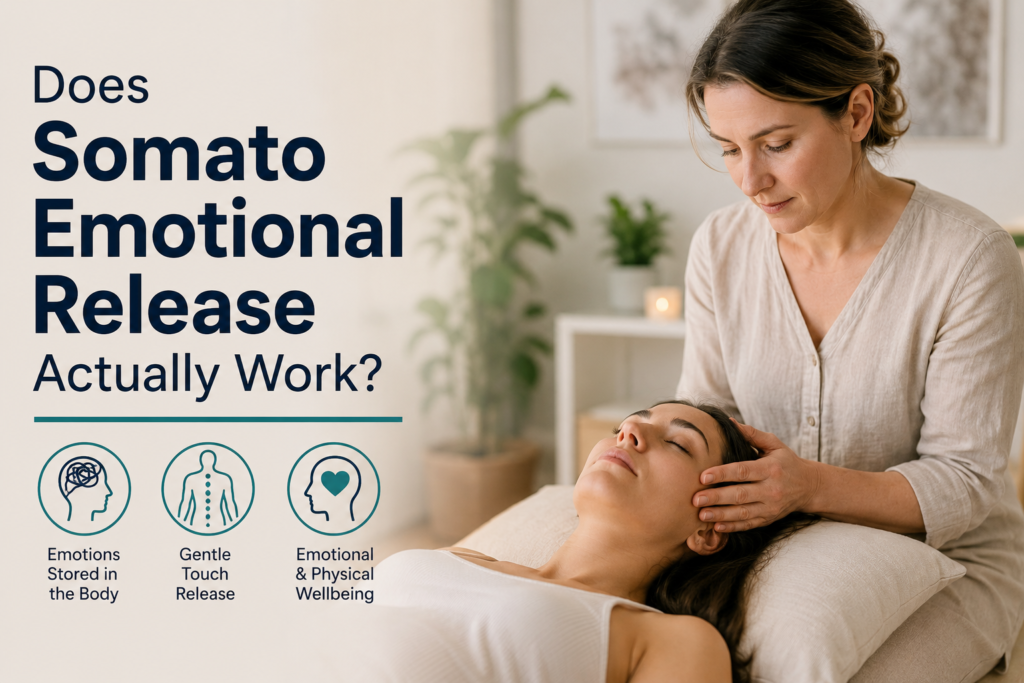 Therapist performing a gentle somato emotional release session on a relaxed client in a calm treatment room, illustrating the concept of body-based therapy and exploring whether somato emotional release actually works.