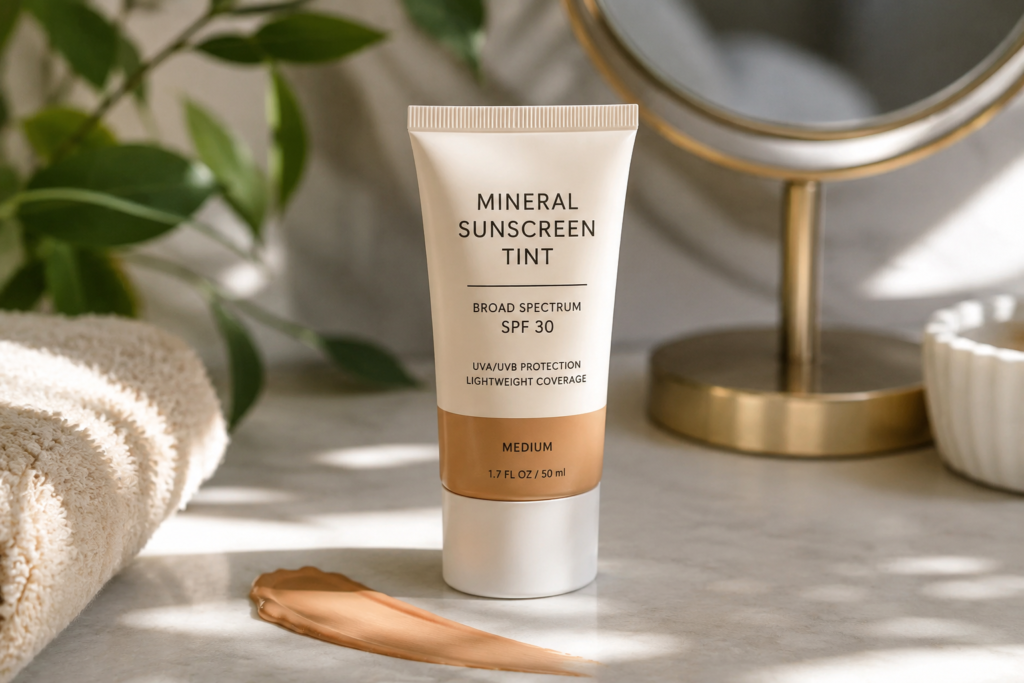 Tinted mineral sunscreen in a neutral shade displayed on a clean vanity with a swatch of product, illustrating lightweight SPF coverage that can replace foundation for a natural, even complexion.