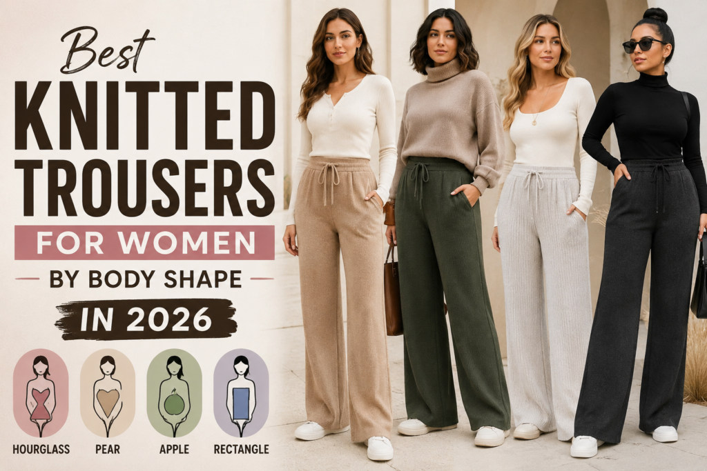 Best knitted trousers for women by body shape in 2026 featuring wide-leg knit pants styled for hourglass, pear, apple, and rectangle body types.