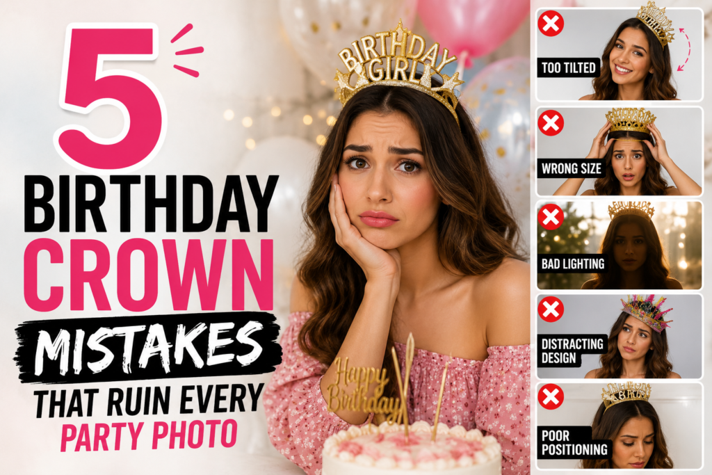 Birthday party thumbnail showing a woman wearing a birthday crown with examples of five common crown mistakes that ruin party photos, including poor positioning, wrong size, bad lighting, and tilted crowns.