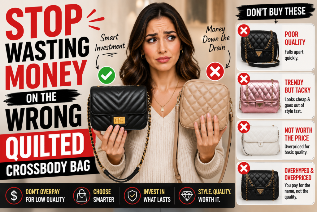 Woman comparing two quilted crossbody bags with tips on avoiding poor-quality and overpriced handbags in a guide to choosing the best quilted crossbody bag.