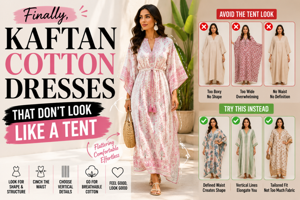Woman wearing a flattering cotton kaftan dress with styling tips showing how to choose kaftan dresses that create shape instead of looking oversized or boxy.