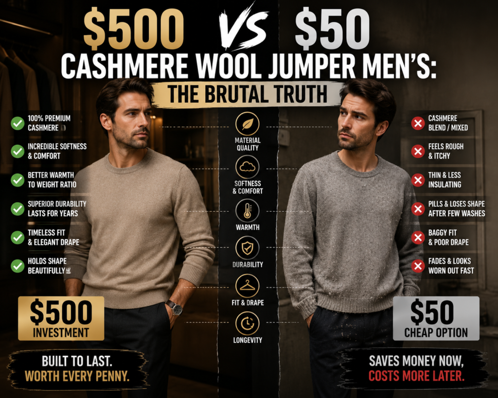 Side-by-side comparison of a $500 and $50 men's cashmere wool jumper, highlighting differences in fabric quality, fit, warmth, durability, and long-term value.