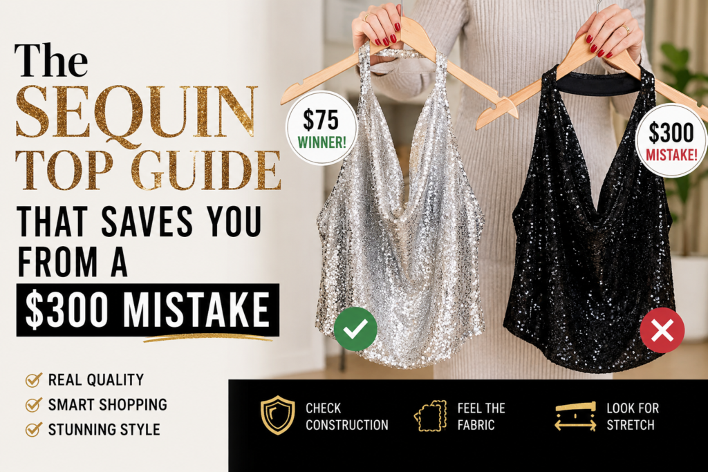 Comparison of two sequin tops showing a $75 high-quality option versus a $300 poor-value option, illustrating how to identify well-made sequin tops and avoid overpaying.