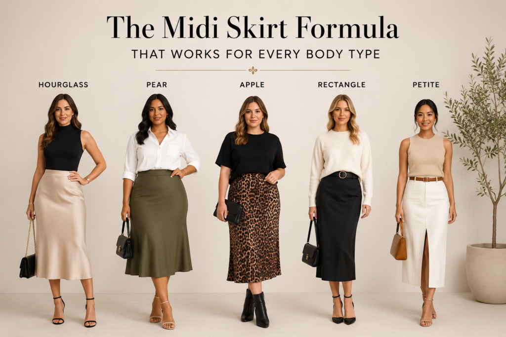 Five women with different body types wearing midi skirts, demonstrating flattering styling formulas for hourglass, pear, apple, rectangle, and petite figures.