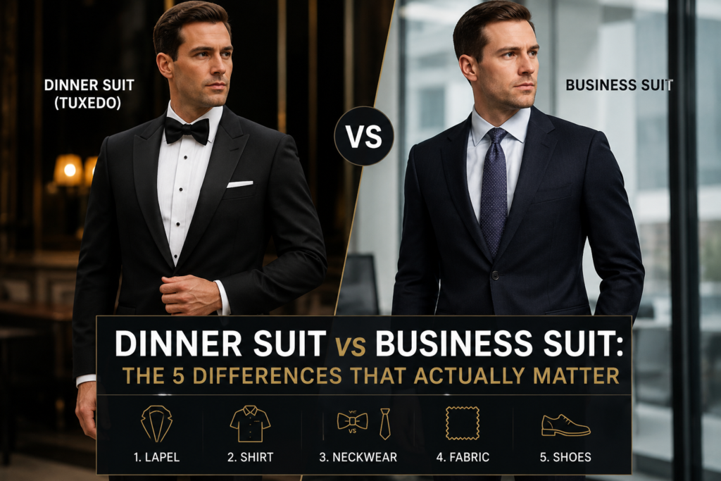 Comparison image showing a man in a black dinner suit (tuxedo) beside a man in a navy business suit, highlighting the five key differences: lapel, shirt, neckwear, fabric, and shoes under the title "Dinner Suit vs Business Suit: The 5 Differences That Actually Matter.