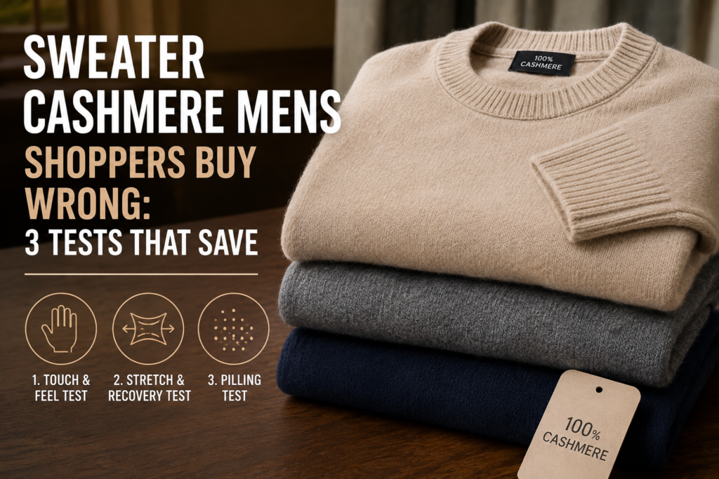 Stack of folded men's cashmere sweaters with a 100% cashmere label, illustrating three simple quality tests—touch and feel, stretch and recovery, and pilling—for choosing a high-quality cashmere sweater.