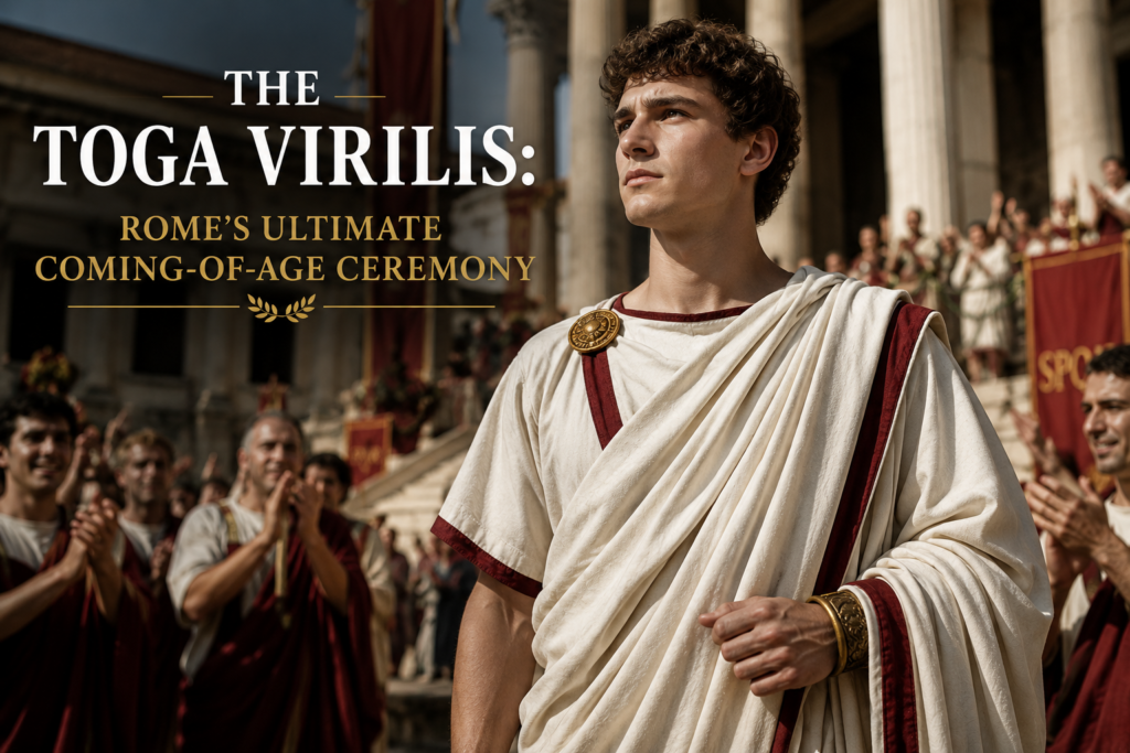 Young Roman man wearing a white toga virilis during a coming-of-age ceremony in ancient Rome, standing before a crowd and grand Roman architecture as he marks his transition into adulthood.