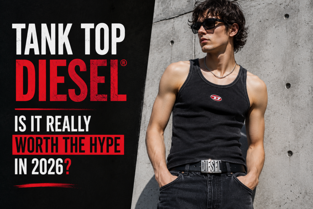 Man wearing a black Diesel tank top with jeans and sunglasses against a concrete wall, illustrating a review of whether Diesel tank tops are worth the hype in 2026.